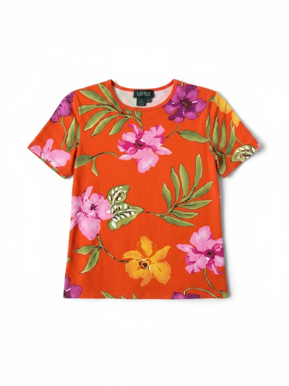 Lauren Ralph Lauren Orange Tropical Floral Short Sleeve Shirt Size Medium